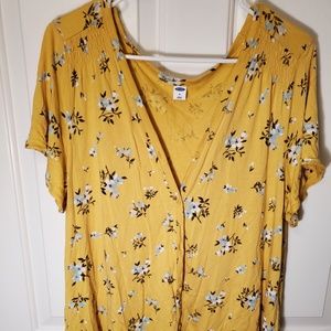 Yellow Button Down Over Shirt with Blue Flowers